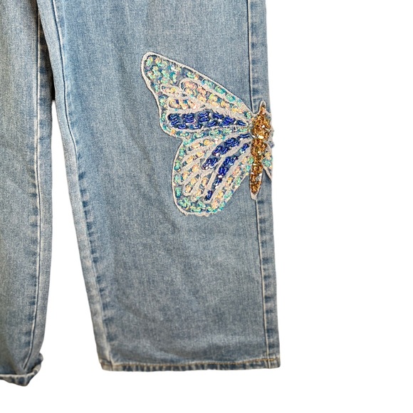 Fashion Nova Light Denim Sequin Butterfly jeans with jeweled bottom Size Large - Picture 6 of 12